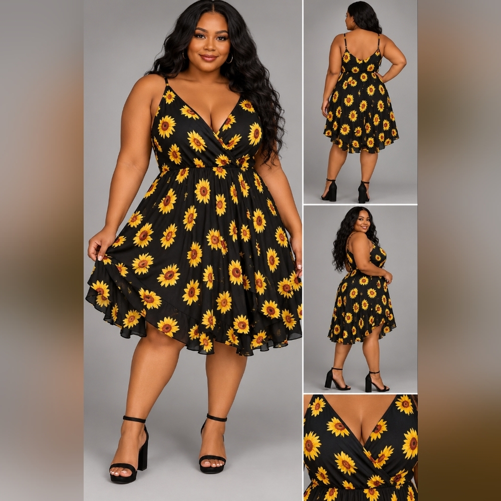 SHEIN Black Sunflower Wrap Midi Dress